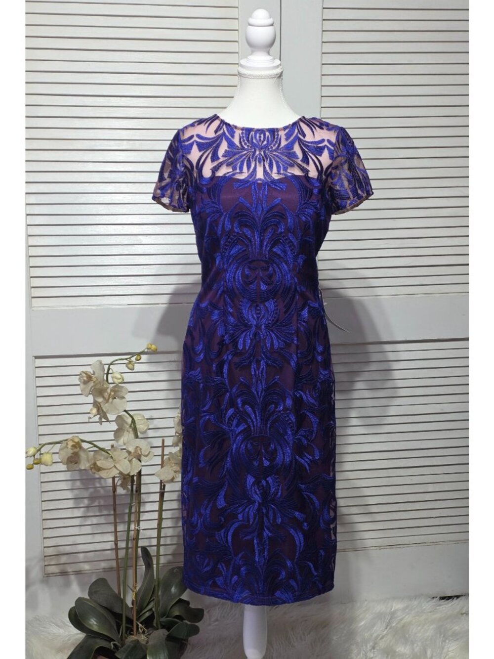 NWT JS Collections Women's Royal Blue Purple Embroidered Midi Dress Size 4 3853